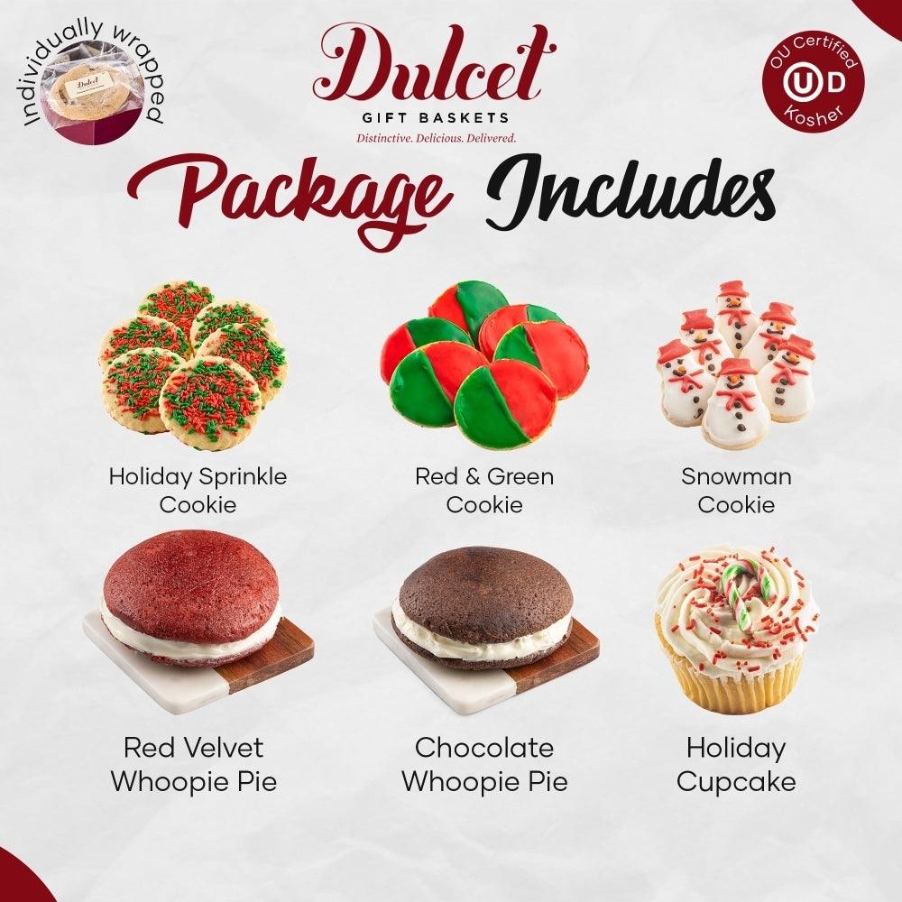Classic Holiday Favorite Gift Basket: assorted holiday cookies and cupcake on display