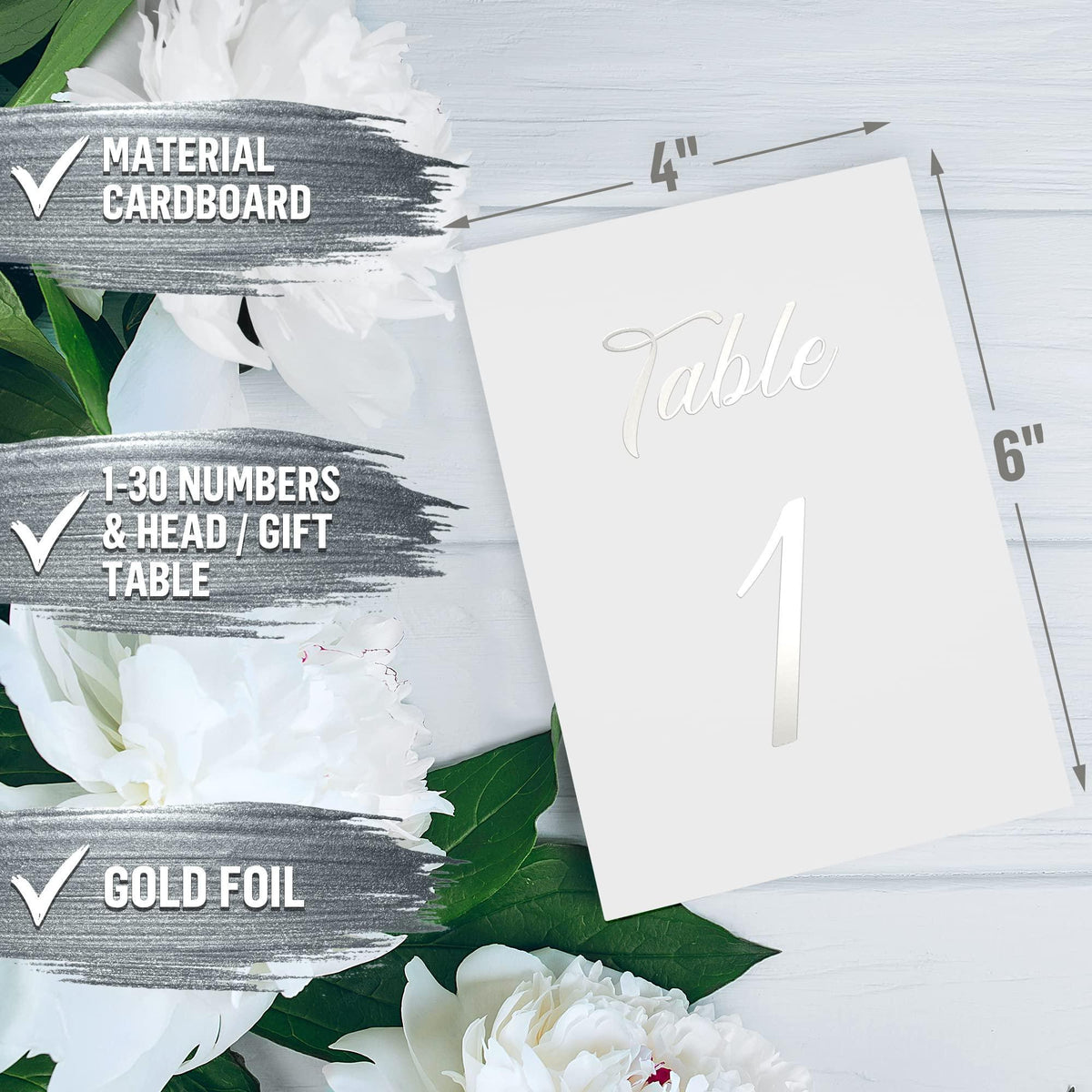 Gold foil table number cards on foldable cardboard, 4x6 in size