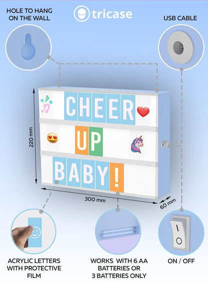Tricase LED letter light box diagram with dimensions and USB cable shown