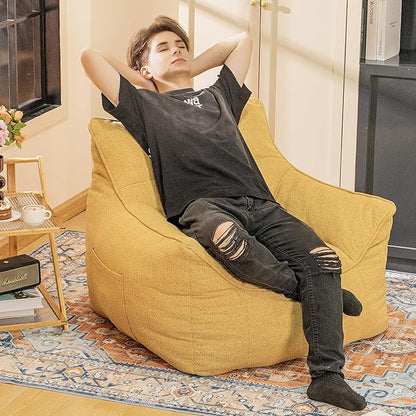 Mustard Chenille Cushioned Bean Bag Armchair - Structured Memory Foam Lounge Chair for Maximalist Interiors, Reading Nook, and Warm Eclectic Spaces