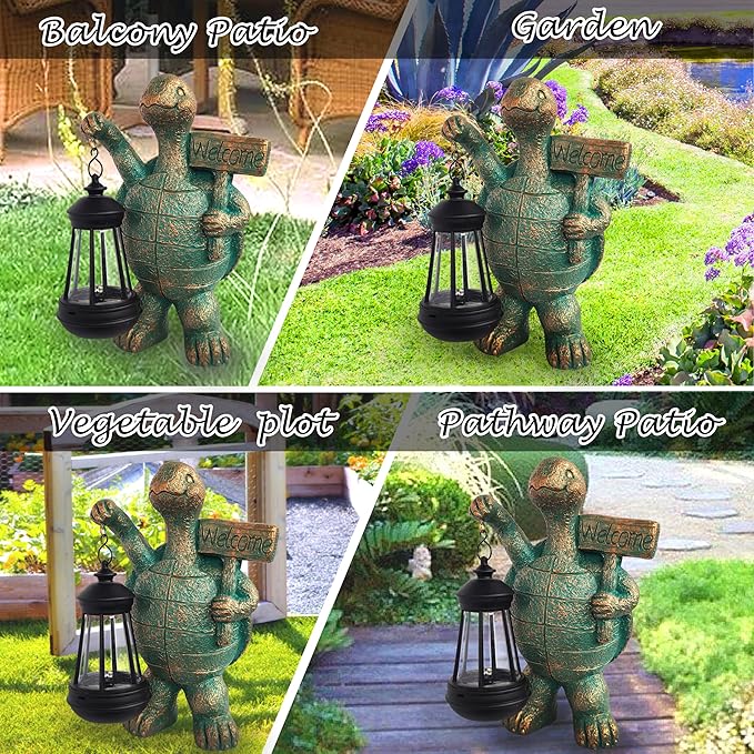 Solar Turtle Figurine with Lantern - Hand-Painted UV-Resistant Resin Garden and Patio Decor