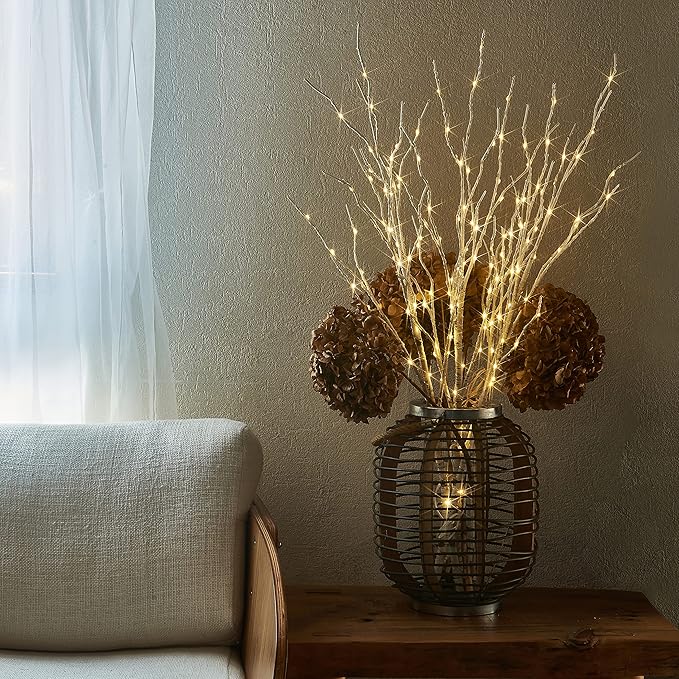 White Birch Lighted Branch for Vase – 32" 150 LED Warm White | Flexible Timer & Dimmer | Nordic Christmas Centrepiece Indoor Outdoor Decor