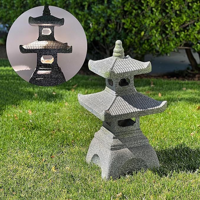 2-Tier Pagoda Solar Garden Statue with LED Light - 26-Inch Zen Outdoor Decor