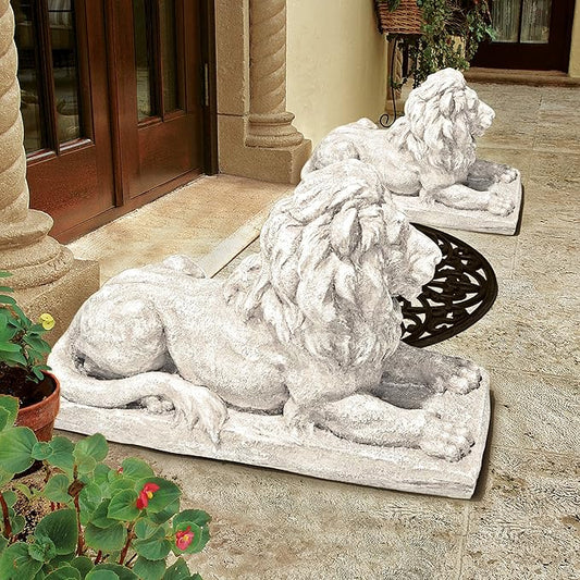 Lyndhurst Manor Lion Sentinel Garden Statue - 27-Inch Antique Stone Resin Sculpture for Entryway, Patio, Lawn, and Driveway