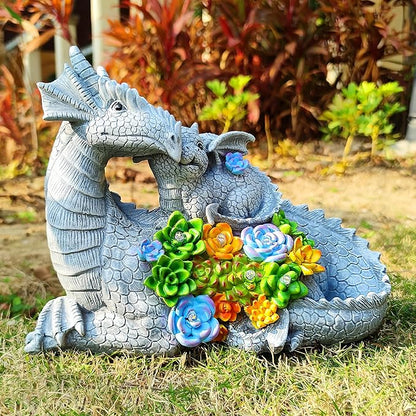 Dragon garden statue with two dragons and colorful succulent bouquet, LED lights not visible
