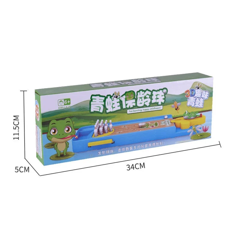 Frog character mini desktop bowling game box showing the blue tray and ramp playset