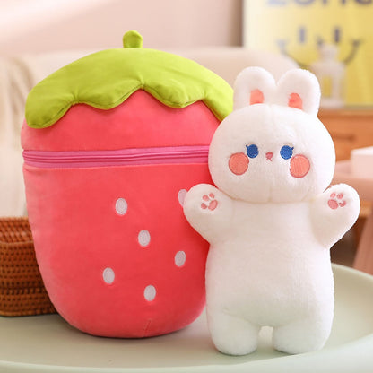 Strawberry bunny plush with red strawberry body and small white bunny character