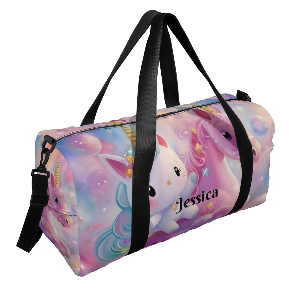 Pastel unicorn duffel bag with black handles, zip top, and name patch "Jessica"