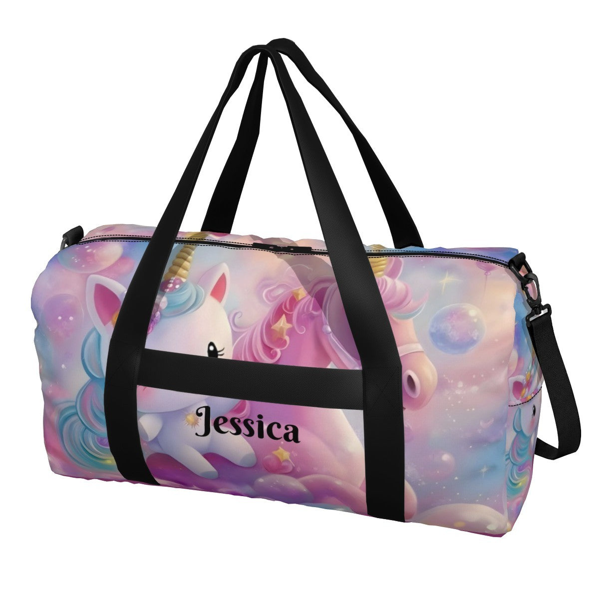 Pastel unicorn print duffel bag with black shoulder strap and zippered top