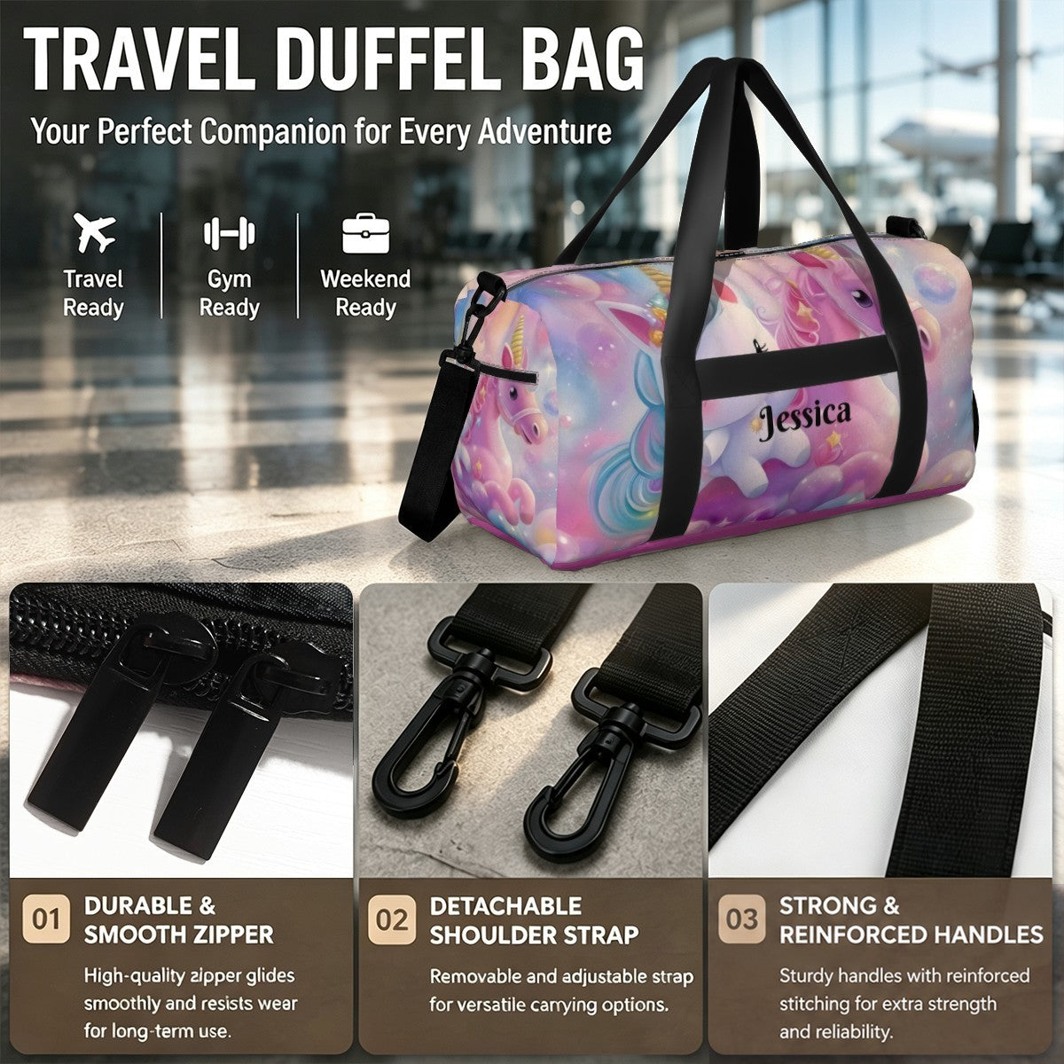 Travel duffel bag with pastel unicorn print, black handles, and reinforced details
