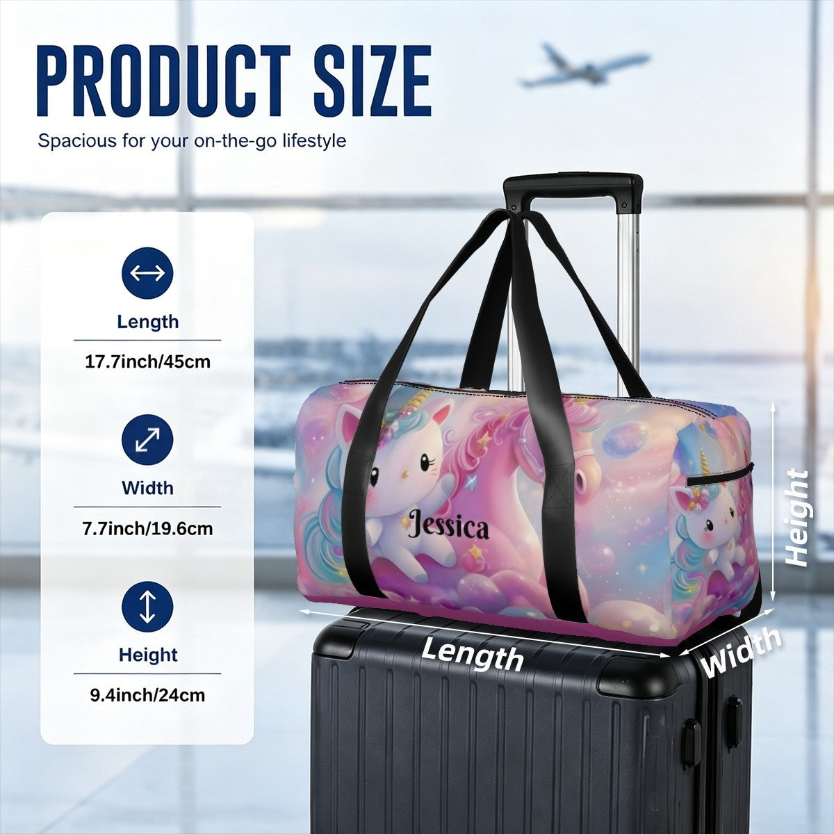 Pastel unicorn duffel bag with black straps on top of rolling suitcase