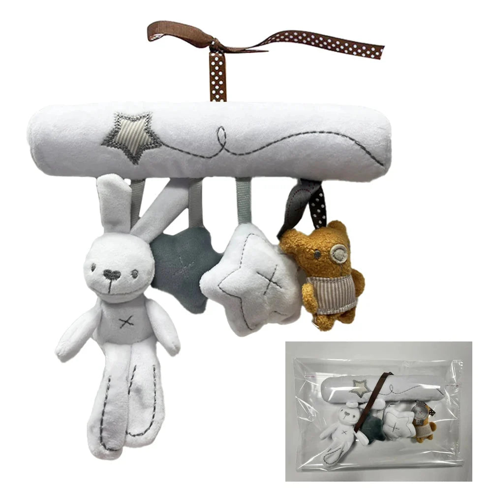Baby Stroller Hanging Toy – Plush Rabbit, Bear & Star Set with Spiral Cord & Clip | Crib, Car Seat & Pram Mobile | Newborn Baby Shower Gift