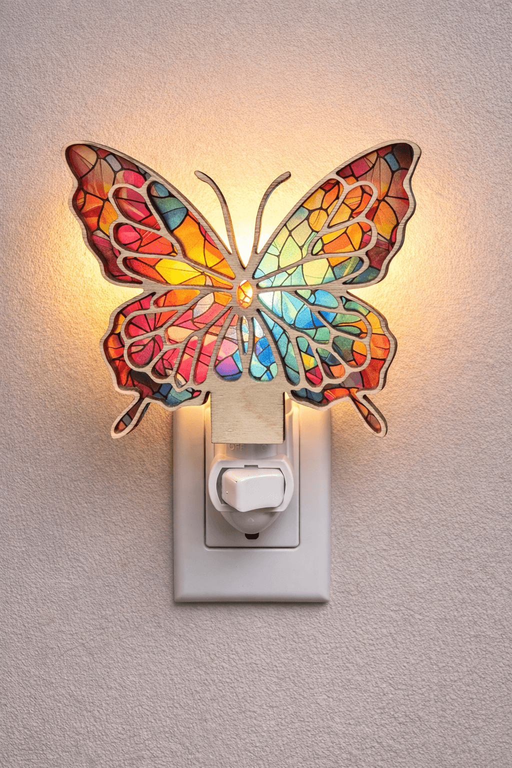 Butterfly wood LED night light with colorful stained-glass butterfly on wall plug-in