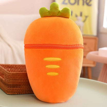 Carrot-shaped plush pod, orange fabric with green leafy top and zipper stripe down back