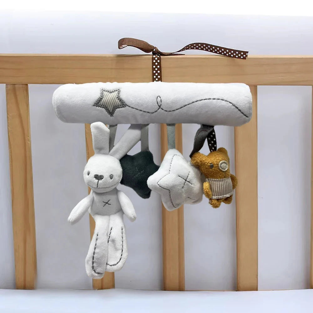 Baby Stroller Hanging Toy – Plush Rabbit, Bear & Star Set with Spiral Cord & Clip | Crib, Car Seat & Pram Mobile | Newborn Baby Shower Gift