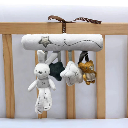 Baby Stroller Hanging Toy – Plush Rabbit, Bear & Star Set with Spiral Cord & Clip | Crib, Car Seat & Pram Mobile | Newborn Baby Shower Gift