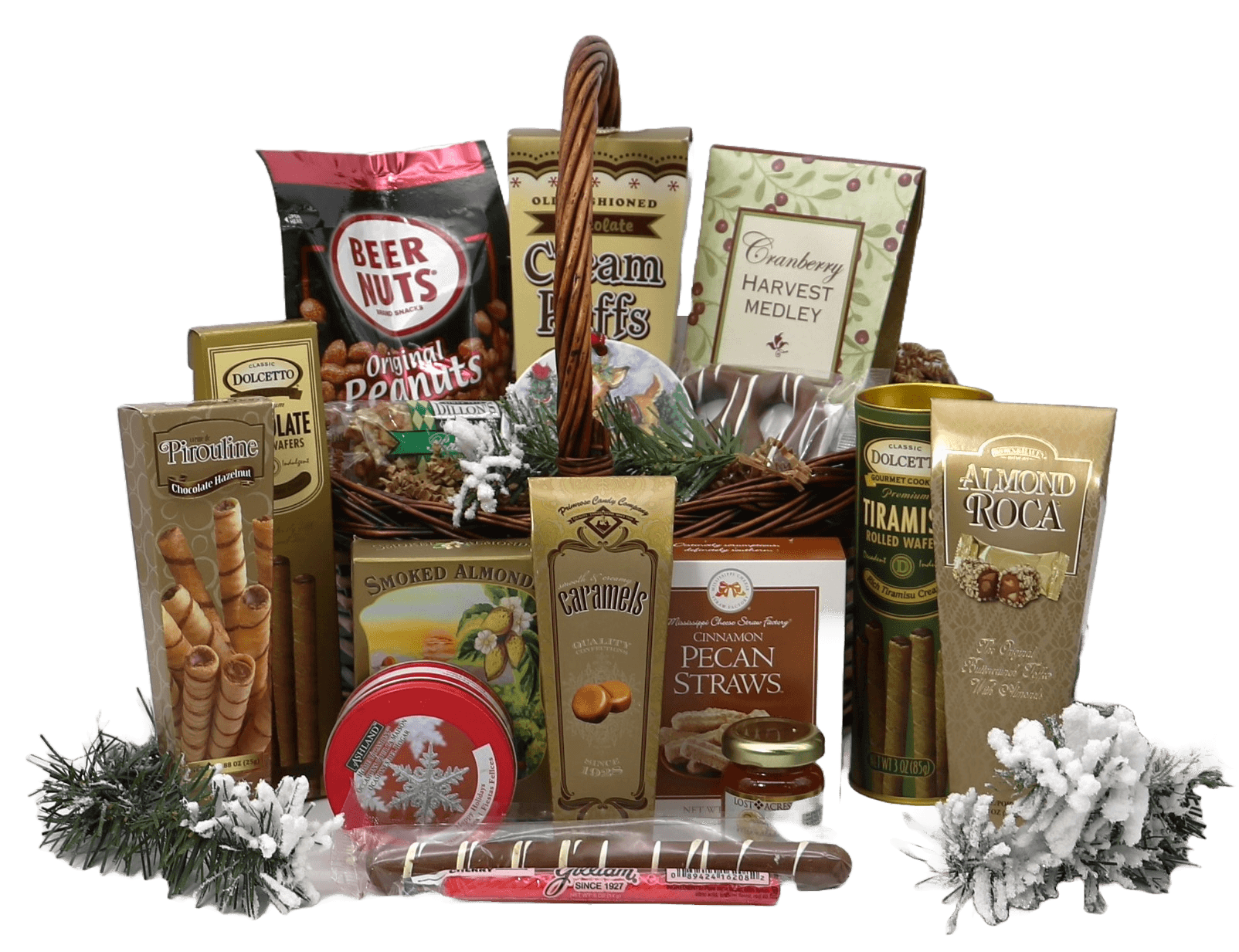 Holiday gift basket with assorted chocolates, cookies, and caramel treats in wicker