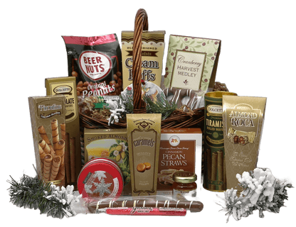 Holiday gift basket with assorted chocolates, cookies, and caramel treats in wicker