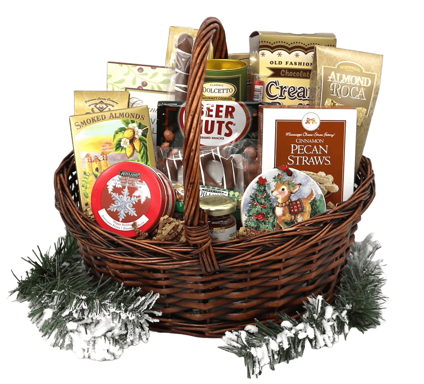 Wicker holiday gift basket filled with chocolates, cookie bags, and pecan swirls