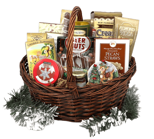 Wicker holiday gift basket filled with chocolates, cookie bags, and pecan swirls