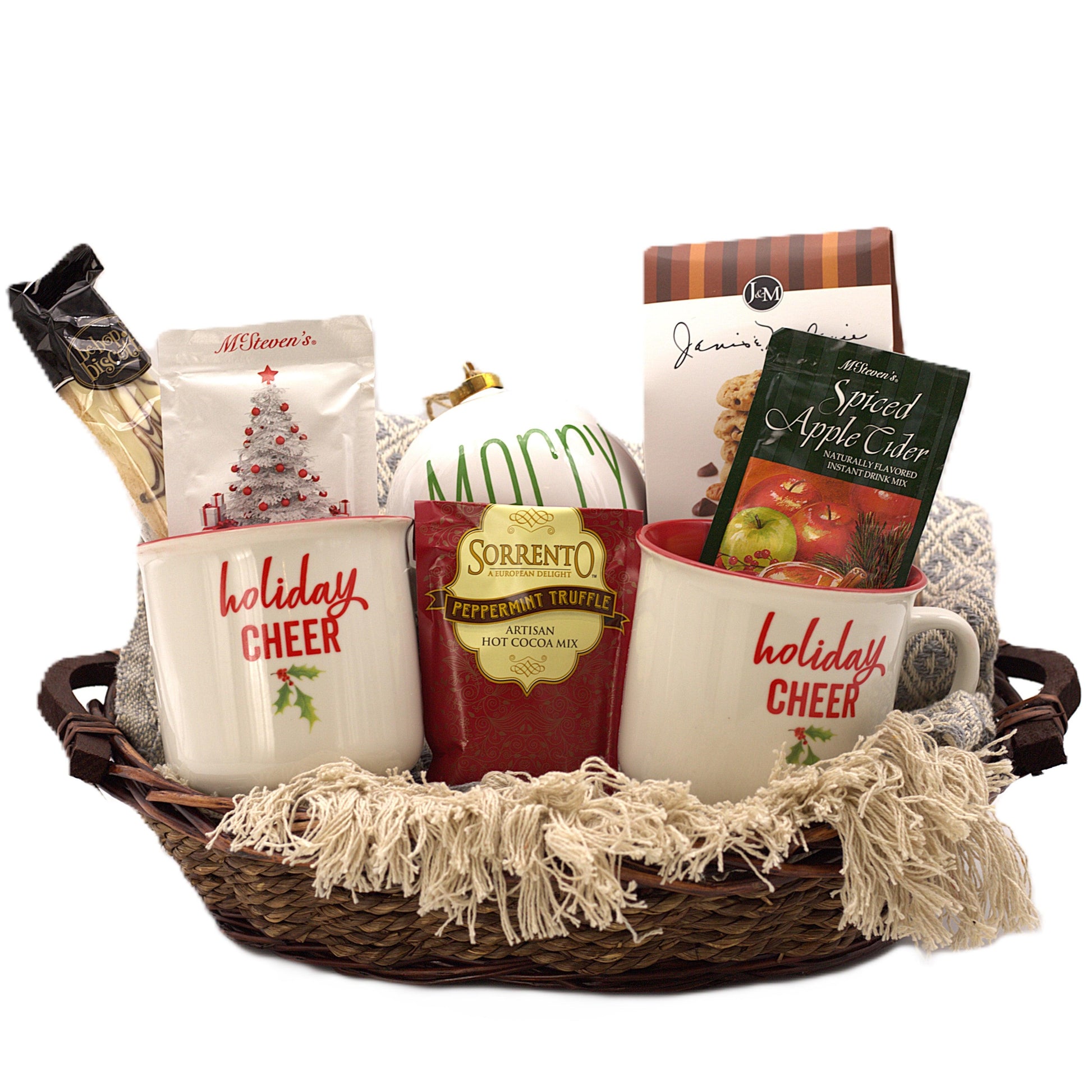 Holiday gift basket with two mugs, hot cocoa mix, cookies, and wrapped chocolate.