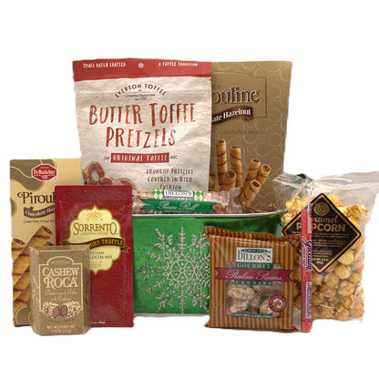 Christmas gift basket with green container, filled with wrapped cookies, pretzels, popcorn and candy