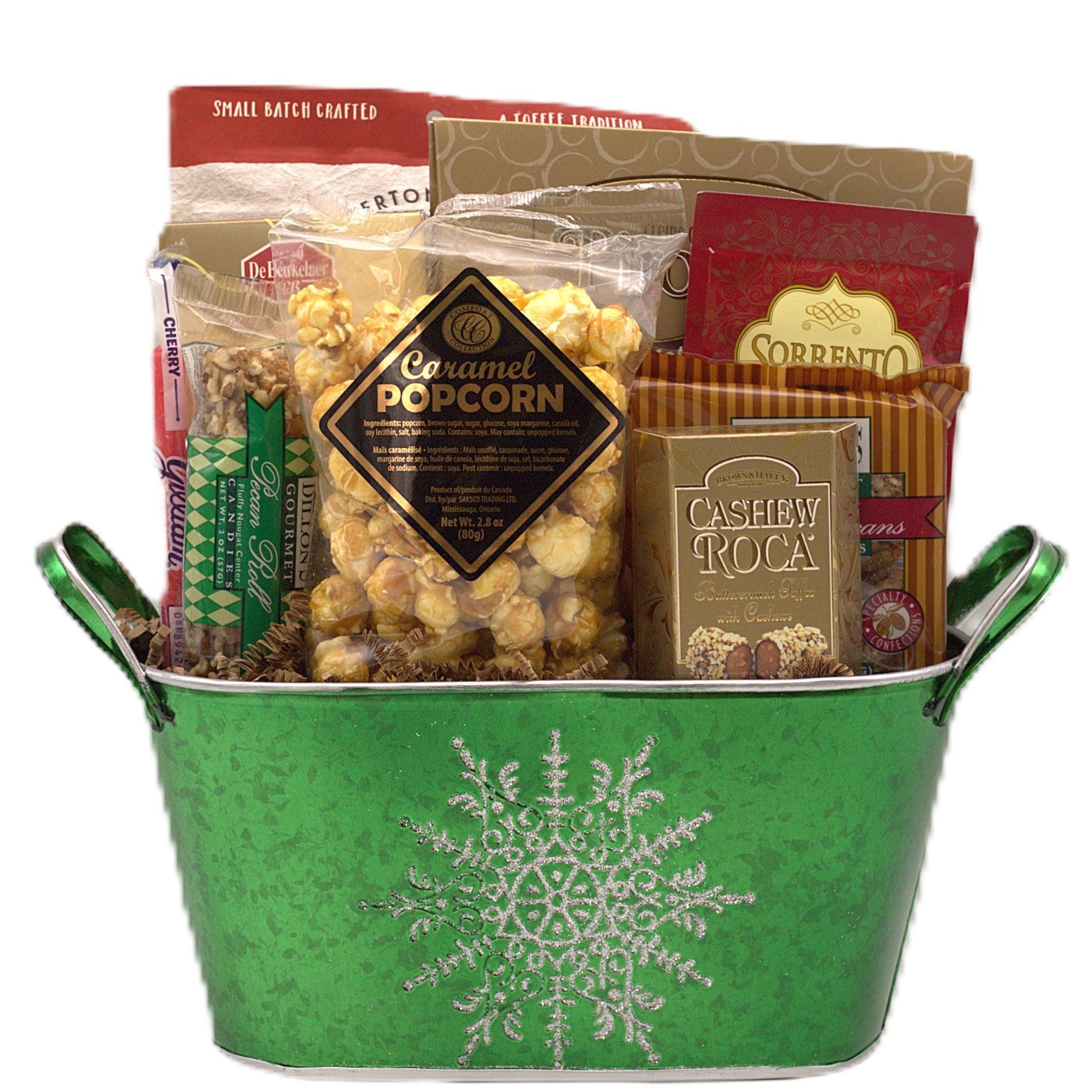 Christmas gift basket with green bin and snowflake design, filled with caramel popcorn and chocolate