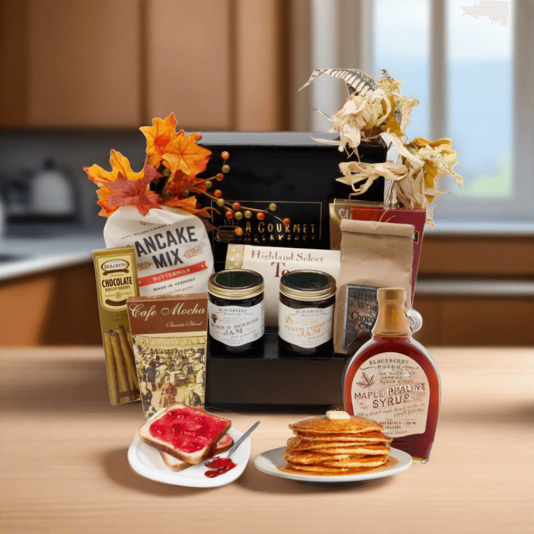 Breakfast gift box with pancake mix, coffee, syrups, and assorted packaged treats