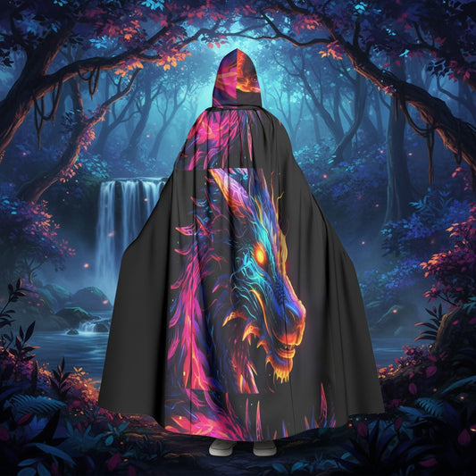 Black hooded cloak with neon dragon graphic print on the front panels and hood.
