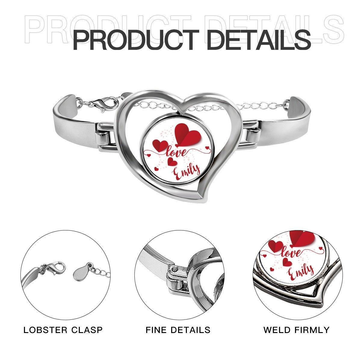 Heart charm bracelet with silver heart locket and red heart design reading "Love Emily"
