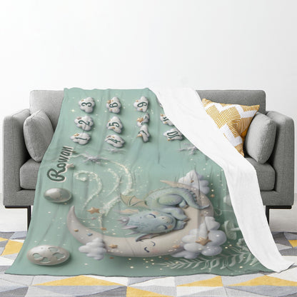 Mint baby milestone blanket draped over sofa with sleeping dragon and numbered “Months” design
