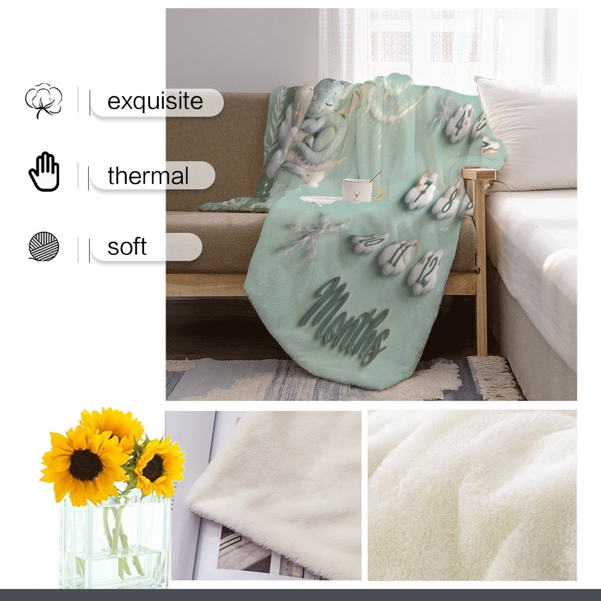 Mint milestone blanket on couch with dragon graphic and numbered months design