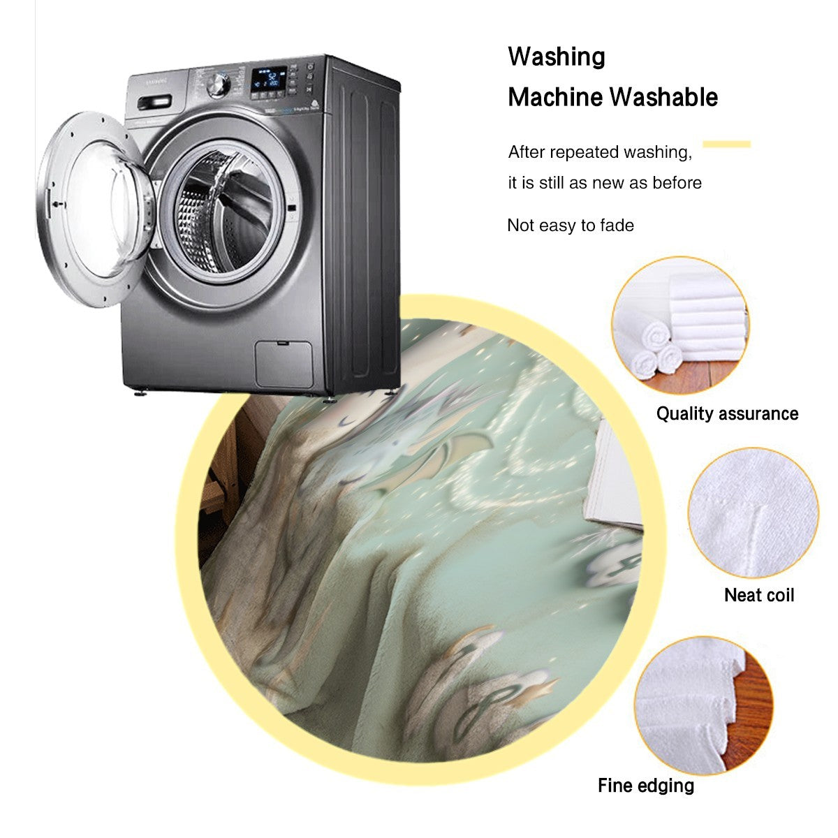 Mint milestone blanket corner with smooth stitching detail beside washing machine graphic