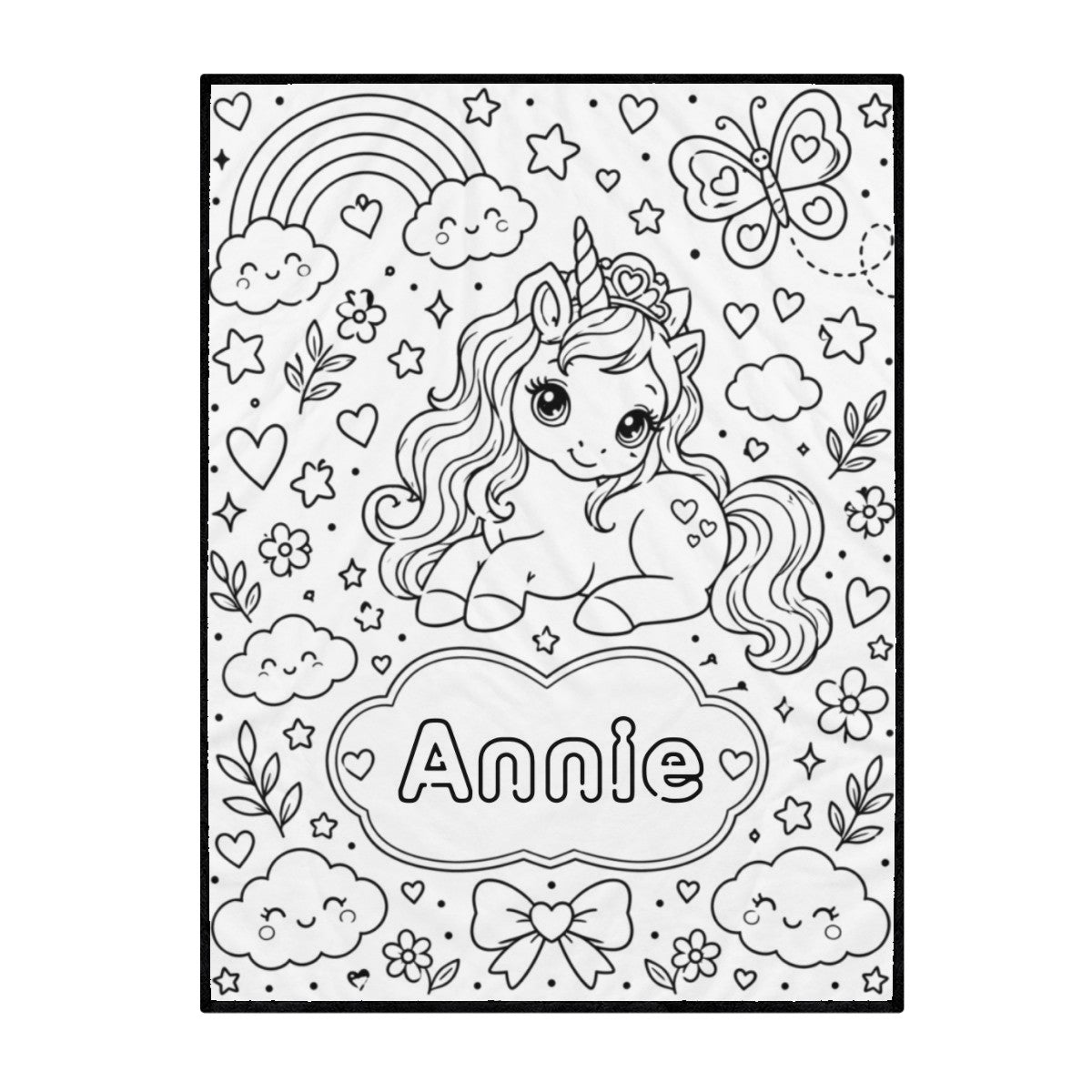 Square doodle coloring blanket with unicorn, hearts, and clouds line art on white