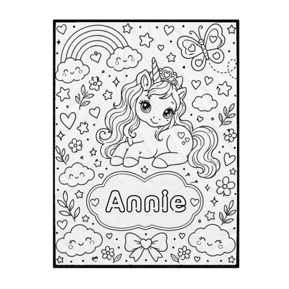 Square doodle coloring blanket with unicorn, hearts, and clouds line art on white