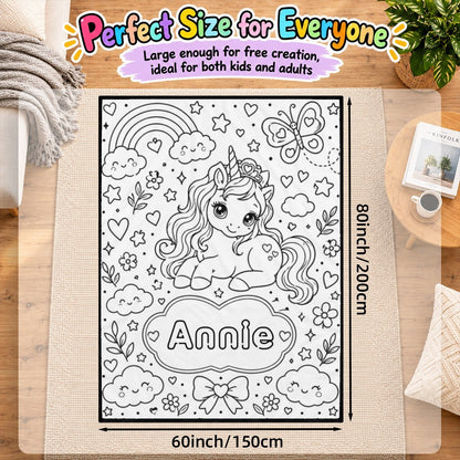 Unicorn doodle coloring poster with hearts, clouds, rainbow, butterfly and name Annie, 60in