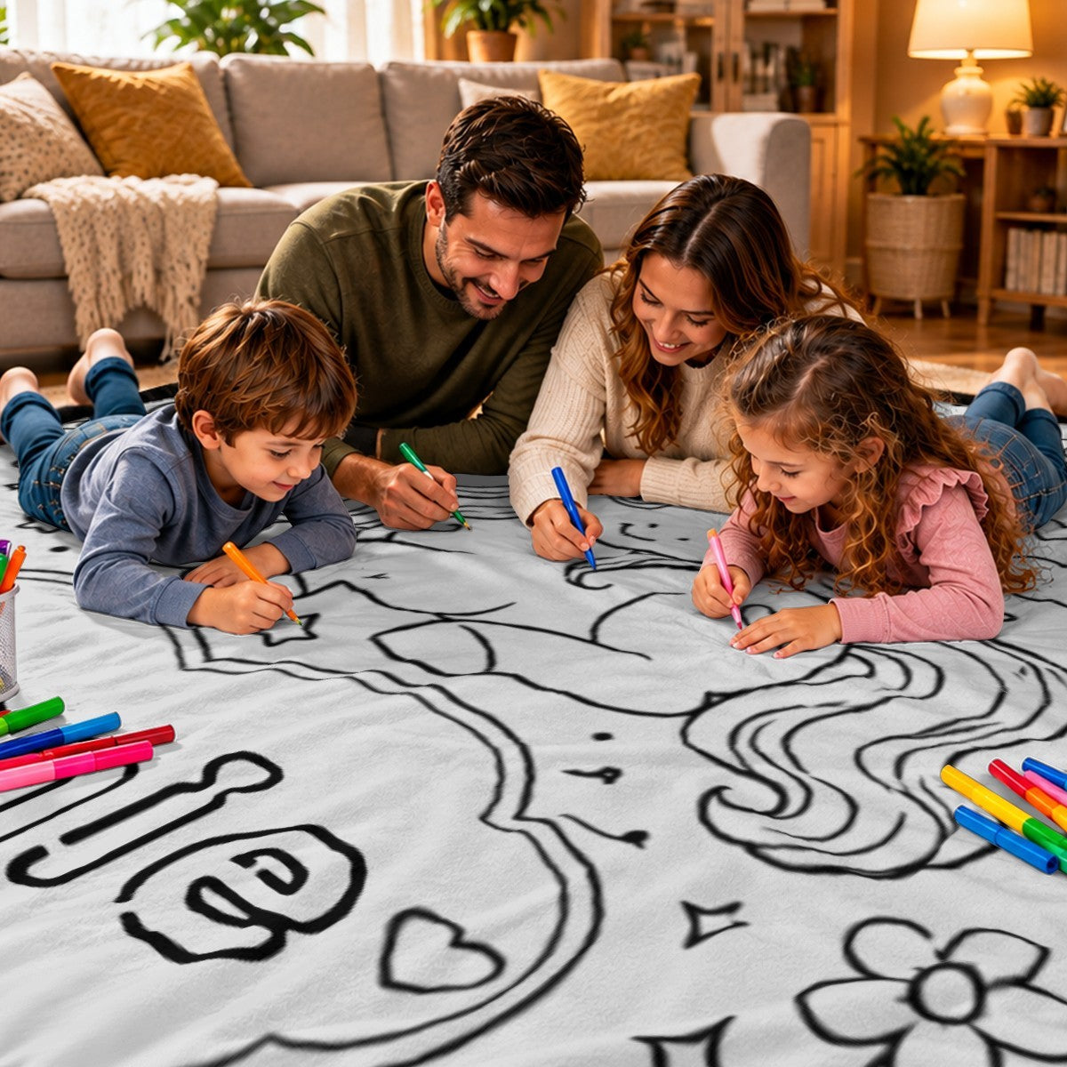 Doodle coloring blanket with swirling unicorn and heart line art as kids draw