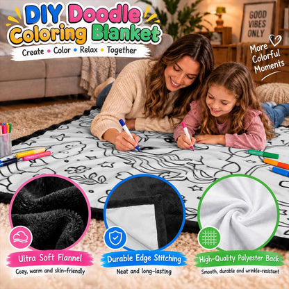 DIY doodle coloring blanket with unicorn line art while children color with markers