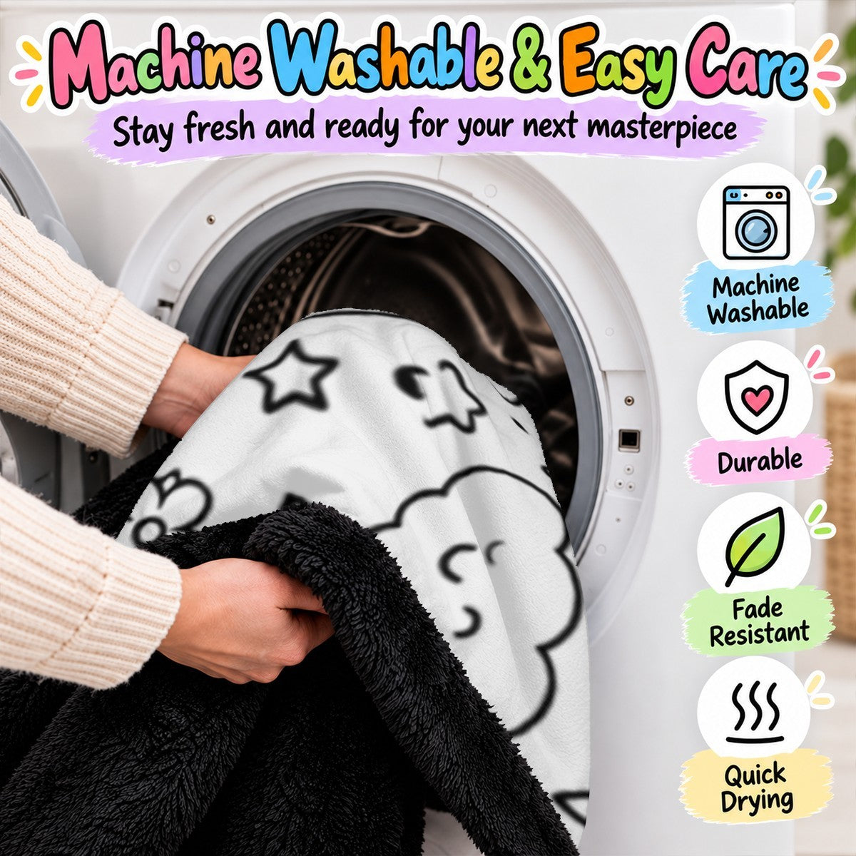 Doodle coloring blanket being washed, white fabric with black star and heart outlines