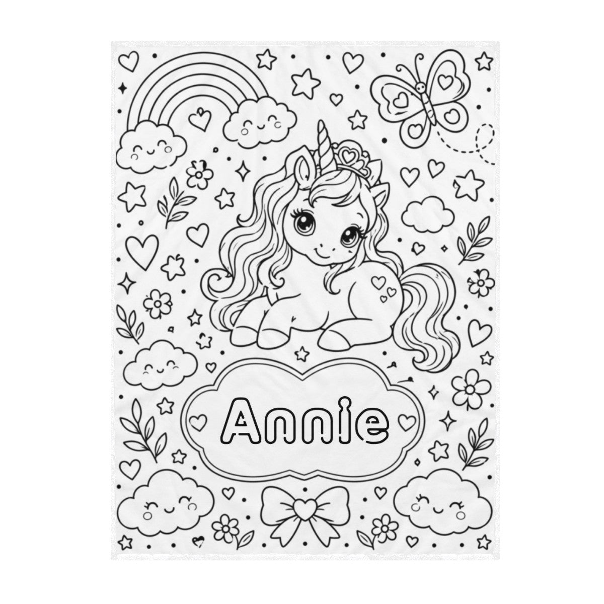 Unicorn doodle coloring poster with hearts, clouds, rainbow, butterfly and name Annie