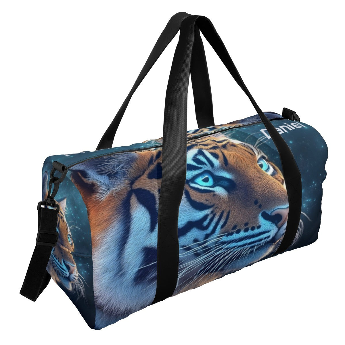 Blue duffel bag with tiger face print, black carry handles and side zipper pocket.