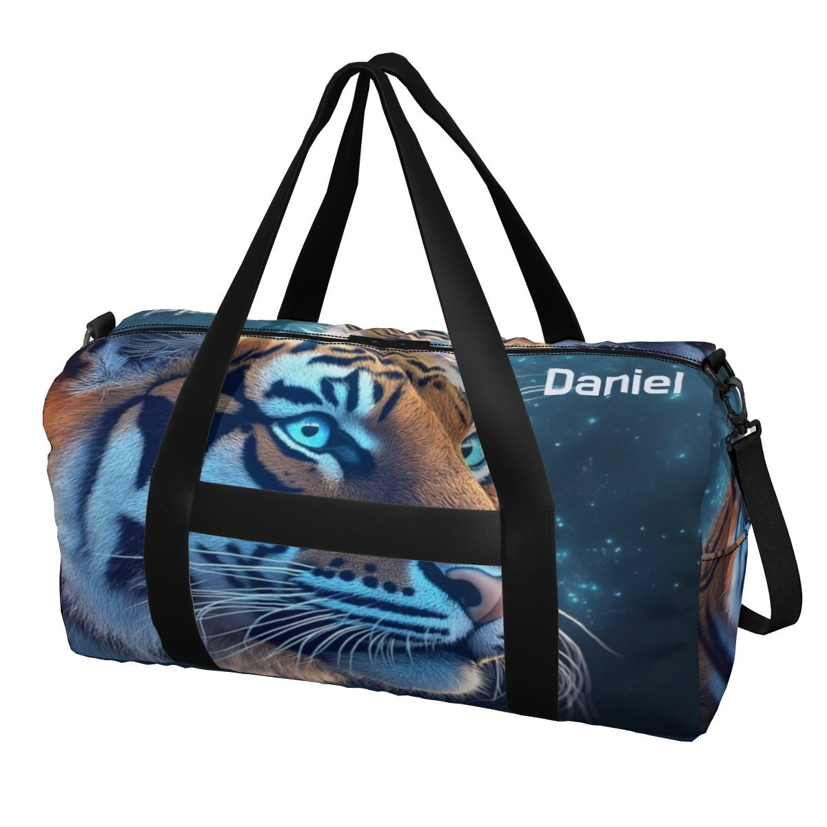 Blue duffel bag with tiger face print, Daniel logo panel, black shoulder strap.