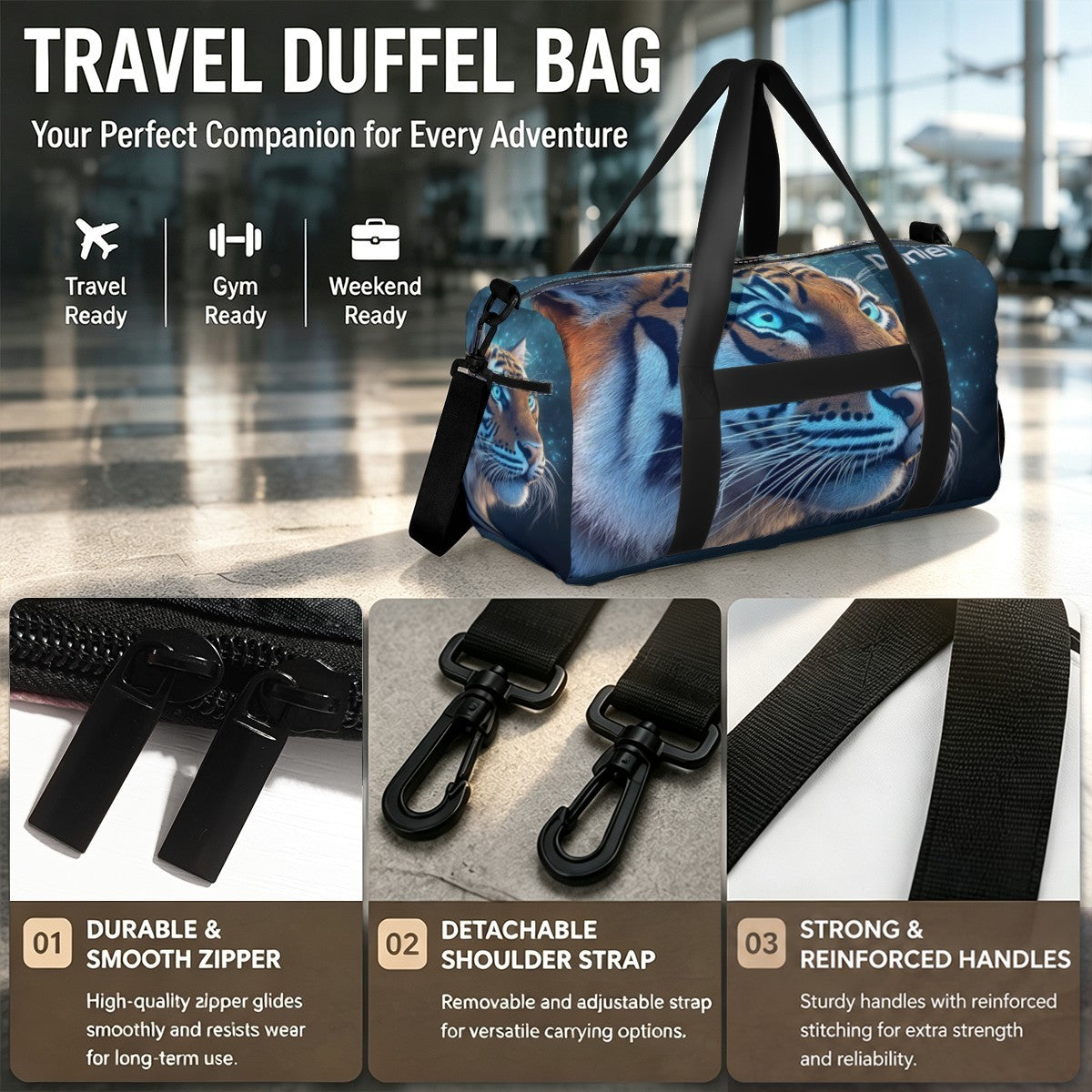 Travel duffel bag with tiger print, smooth zipper and reinforced handle details.