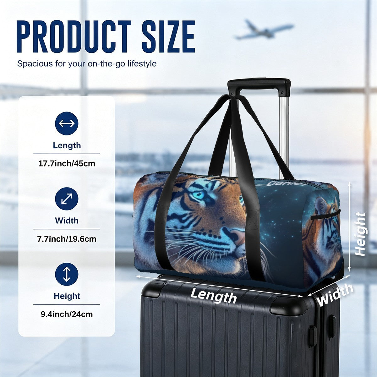 Tiger-print duffel bag shown near a rolling suitcase, with height and width layout.