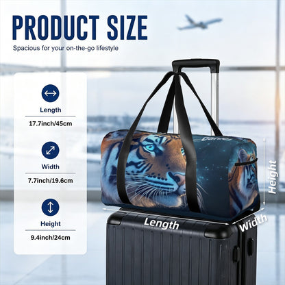 Tiger-print duffel bag shown near a rolling suitcase, with height and width layout.