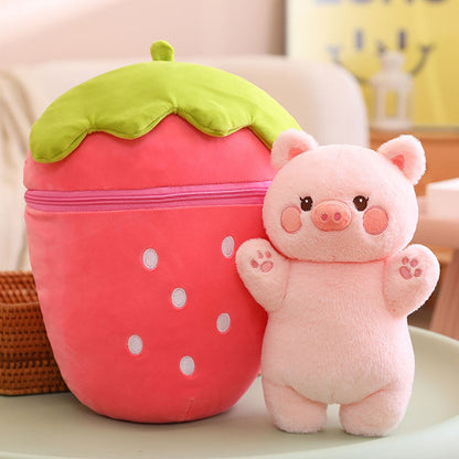 Strawberry pig plush with red strawberry body and small pink pig character