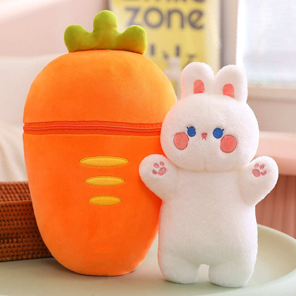 Carrot bunny plush with orange carrot body and small white rabbit character
