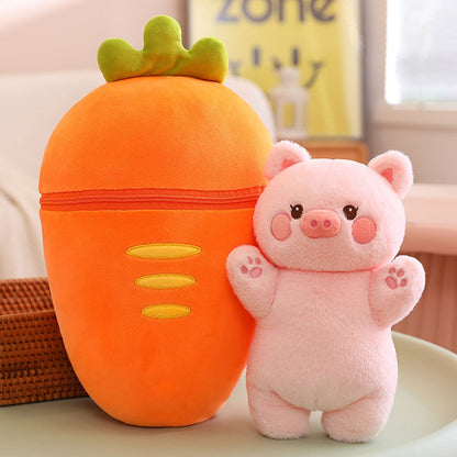 Carrot pig plush with orange carrot body and small pink pig character