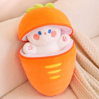 Orange carrot pod plush with zipper opening, showing white bunny inside with embroidered face