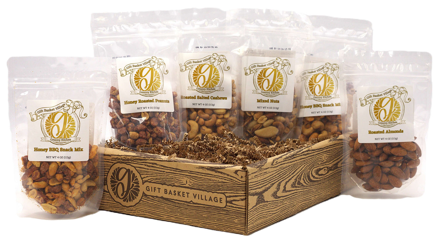 Nut gift box with wooden crate and five clear bags of roasted nuts